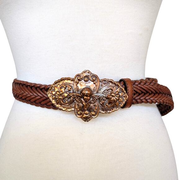 n/a Accessories - Vintage Leather Belt Braided Belt Metal Cherub Buckle 1995